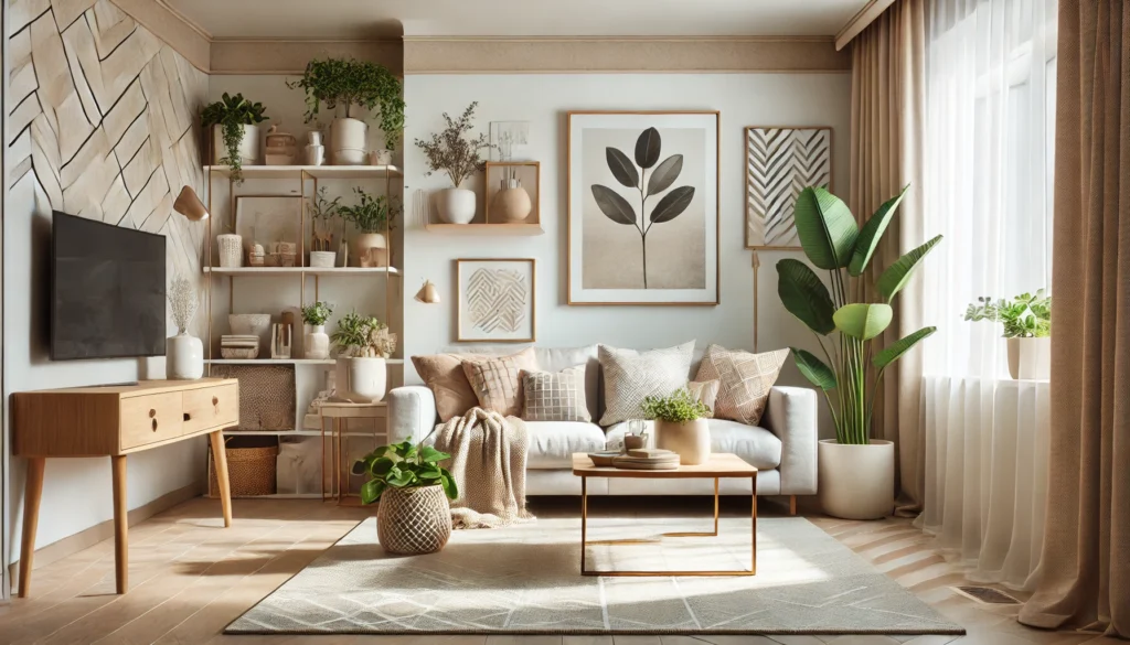 This beautifully designed small living room combines cozy, minimalist, and nature-inspired elements. A sleek sofa anchors the space, complemented by a stylish coffee table and neutral-toned throw pillows. Potted plants and decorative accents like wall art create a balanced and inviting aesthetic. The room reflects warmth, simplicity, and functionality, perfect for a stylish retreat.