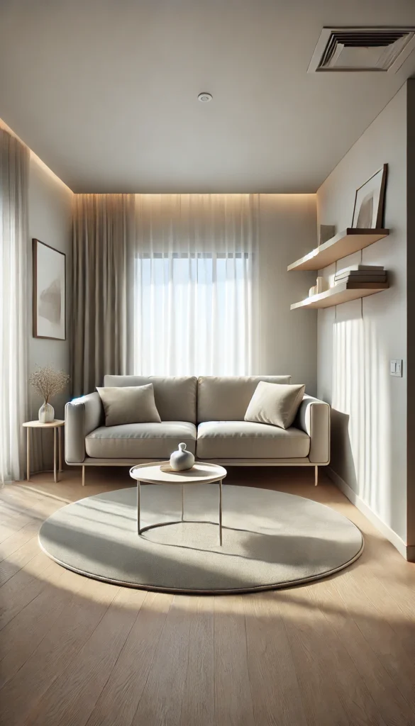 Transform your small living room with an open flow layout! This design features a low-profile sofa, minimalist floating shelves, and a neutral palette that maximizes space and creates a light, airy feel. A perfect layout for a seamless connection between spaces