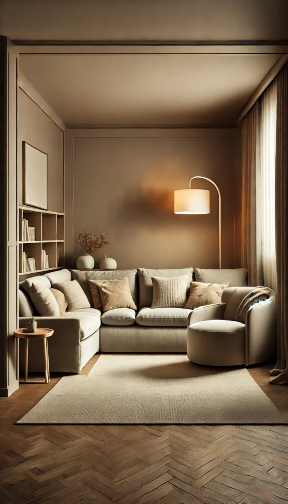 Create a warm and inviting small living room with a cozy corner layout! A plush sectional sofa, comfy armchair, and soft lighting set the tone for a space designed for relaxation and comfort. Ideal for making the most of a small room!