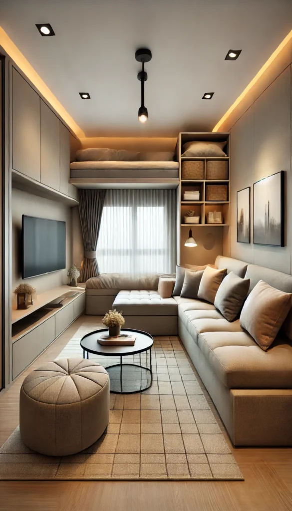 Maximize versatility in your small living room with a multi-functional layout! This design includes a sleek sofa bed, a storage ottoman, and nesting coffee tables for practicality and style. Great for compact spaces that need to do it all.