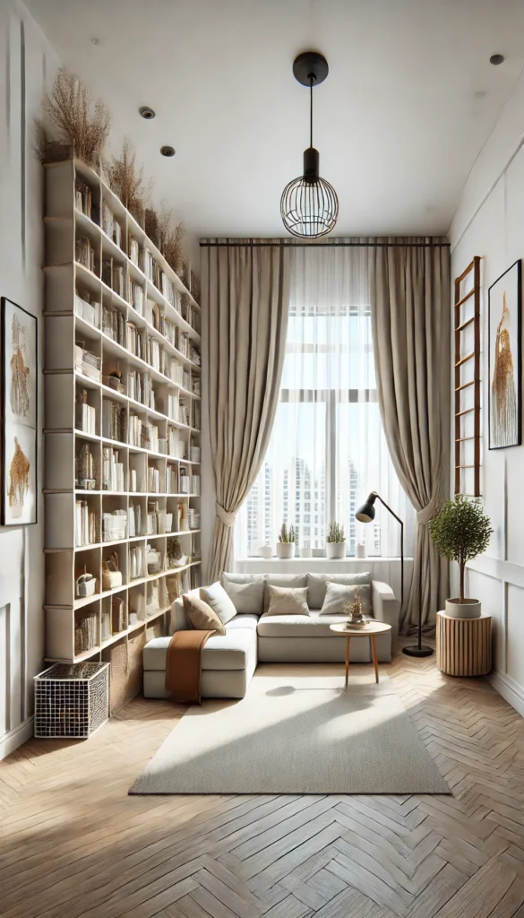 ake your small living room to new heights with a vertical wonder layout! Floating shelves, high-mounted curtains, and a tall ladder shelf make the most of your vertical space, creating an open and airy atmosphere perfect for small homes.