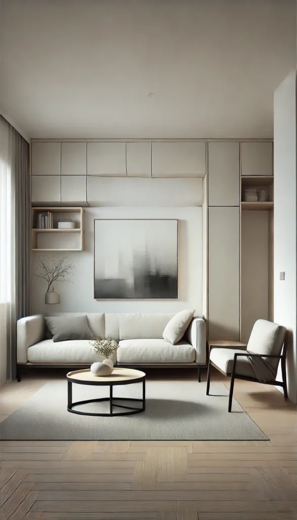 Embrace simplicity with a minimalist layout for your small living room. Featuring clean lines, hidden storage, and a bold abstract painting, this design focuses on creating a serene, clutter-free space that's stylish and functional.