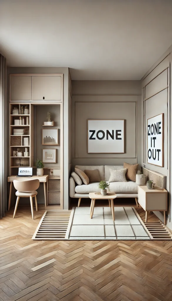Define distinct areas in your small living room with a zone-it-out layout! Rugs, a slim console table, and a compact desk help create purposeful zones for lounging, working, and entertaining while maintaining an open and cohesive feel.