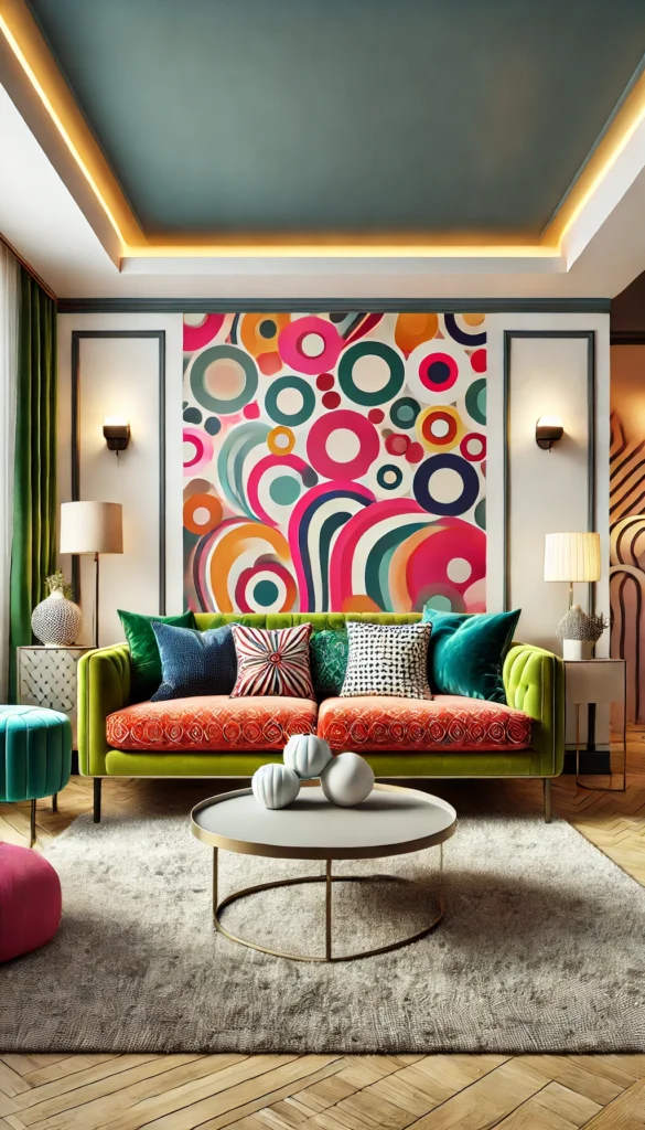 Add personality to your small living room with a statement sofa layout! A bold, colorful sofa anchors the space, paired with neutral accessories and layered lighting. Perfect for creating a fun, vibrant, and inviting room.