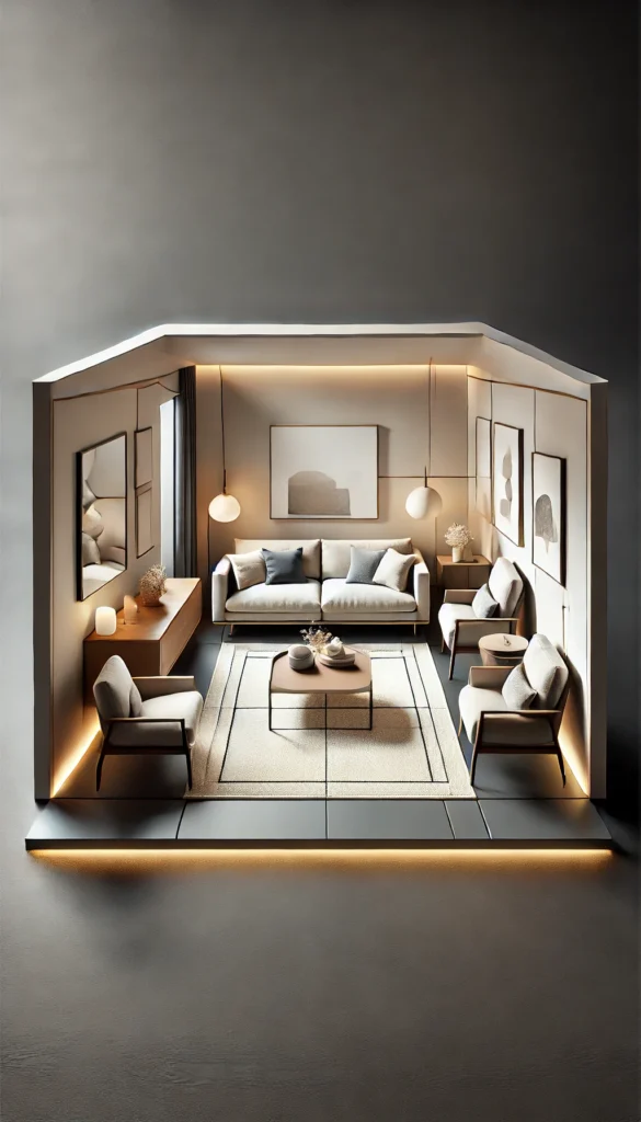 Make your small living room feel spacious with a floating furniture layout! Centered seating, accent chairs, and layered lighting create a balanced and open design that's ideal for inviting conversation and connection.