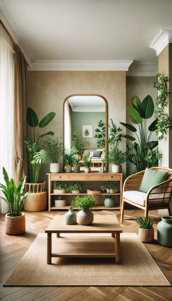Bring the outdoors into your small living room with a nature-inspired layout! Lush potted plants, earthy tones, and natural materials like wood and rattan create a refreshing and calming space for relaxation and style.