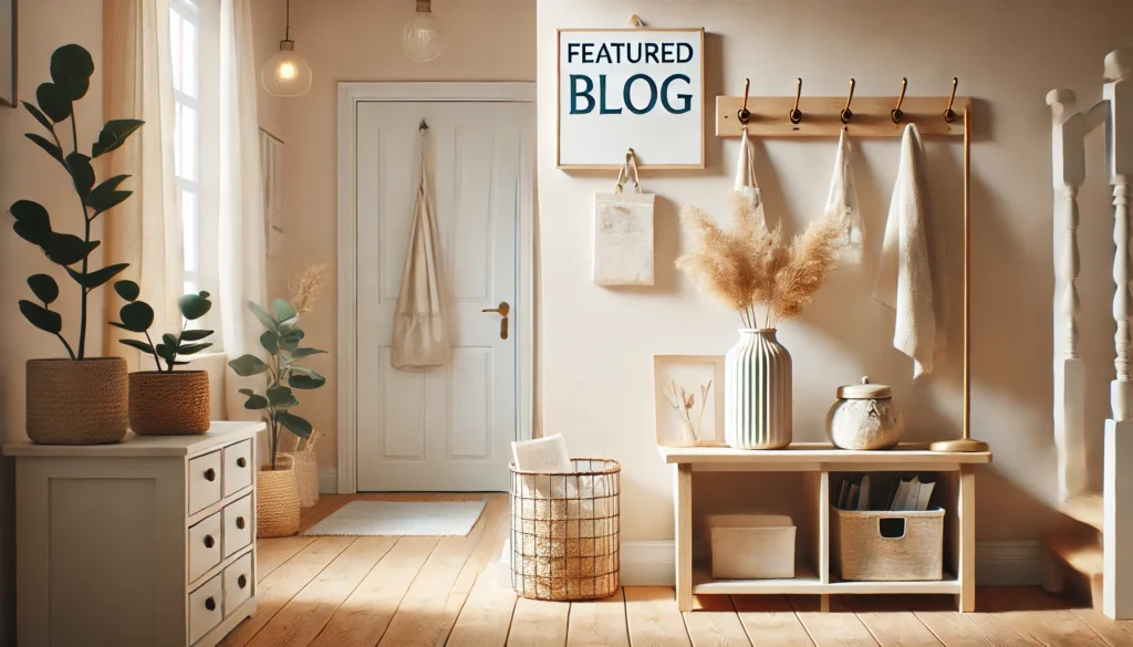 A serene and inviting entryway with hooks, a mail basket, and soft natural lighting. The image emphasizes a warm and minimalistic approach to a clutter-free home.