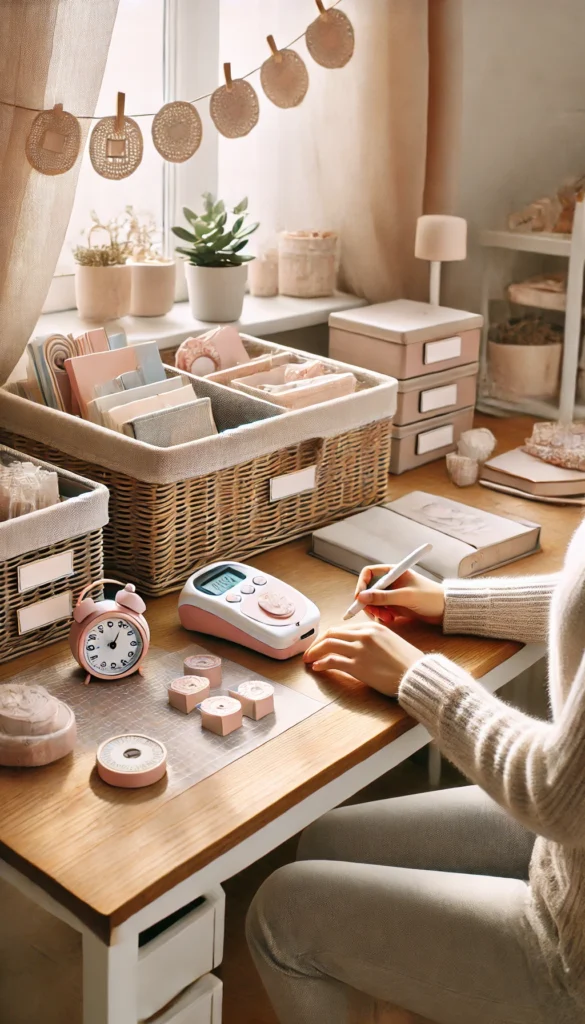 A cozy and feminine workspace featuring storage baskets, a label maker, and a small timer. Soft pastel colors and natural light enhance the organized and inviting setup.