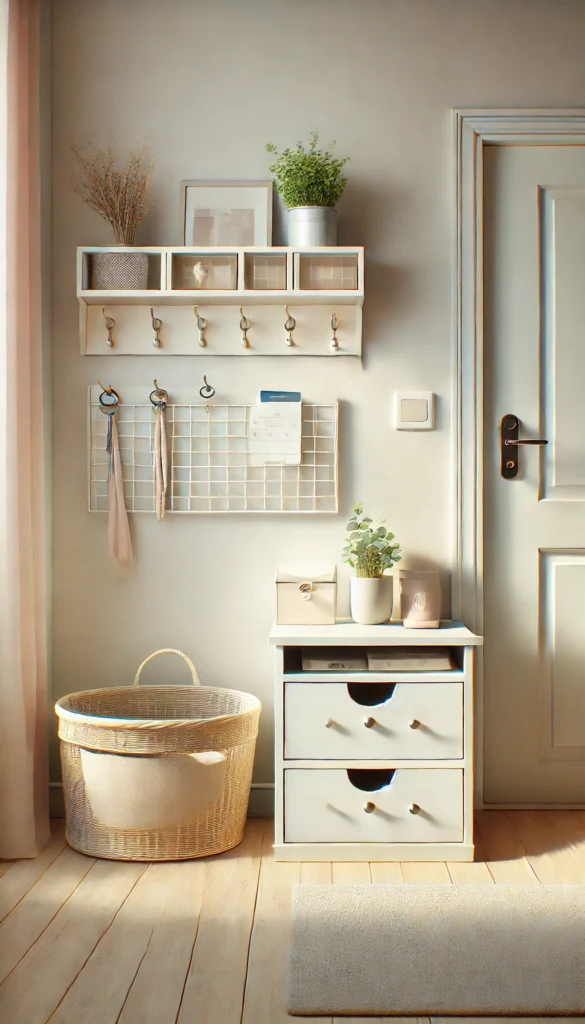 A clean and inviting entryway with hooks for keys, a basket for mail, and a neatly organized drawer. Soft lighting and pastel tones emphasize order and simplicity.