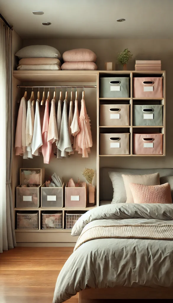 A cozy bedroom corner with a wardrobe featuring neatly hung clothes and labeled pastel-colored storage boxes. Natural light highlights the serene and organized space.