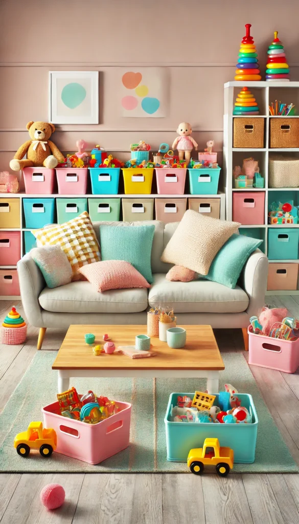 A vibrant living room with neatly arranged toys in labeled bins, a clutter-free coffee table, and soft throw pillows. The scene exudes a cozy and well-maintained vibe.
