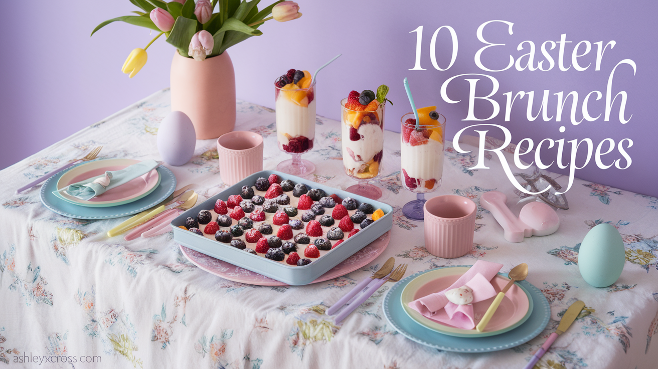 A beautifully set Easter brunch table, adorned with colorful flowers and an array of delicious dishes, symbolizing a joyful and festive atmosphere.