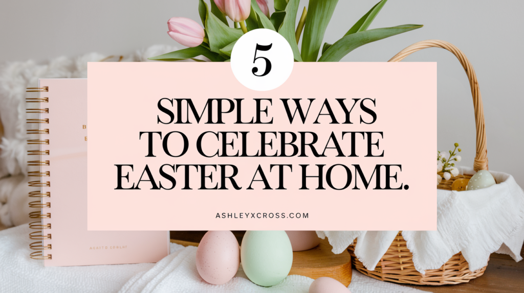 A cozy family room decorated for Easter, featuring pastel Easter eggs, colorful spring flowers, and a beautifully set brunch table.