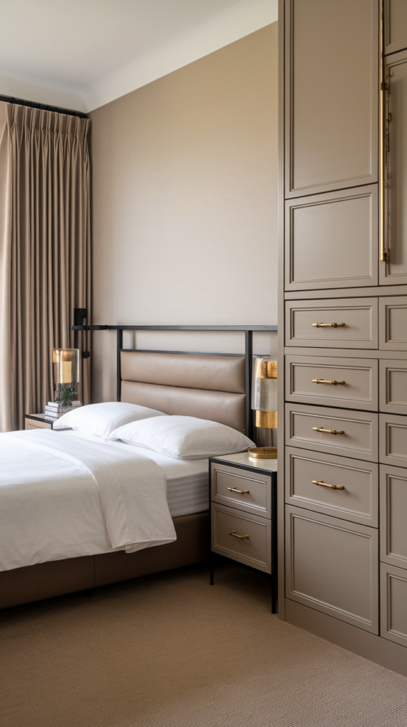 An image showing a dresser with gold drawer handles and a bedside lamp with a touch of gold, demonstrating how small hardware upgrades can elevate a space