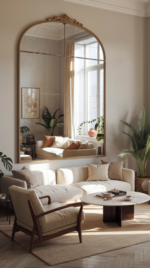 A minimalist living room with a strategically placed large mirror reflecting a bright seating area and window light