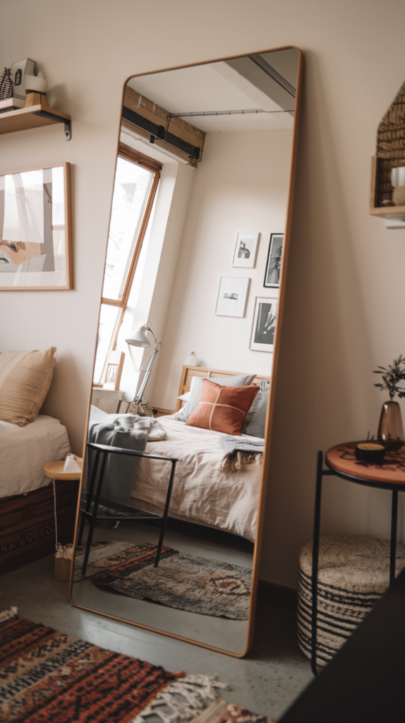 A small bedroom enhanced by a floor-length statement mirror reflecting natural light, creating the illusion of a larger and airier space.