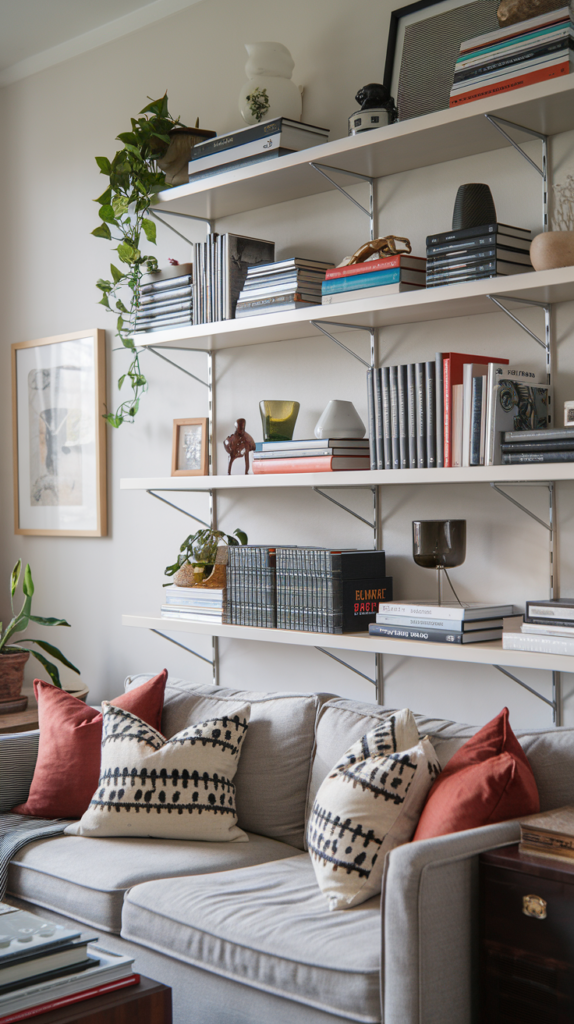 Vertical shelves and tall bookcases filled with decor, books, and greenery to maximize wall space in a living room.