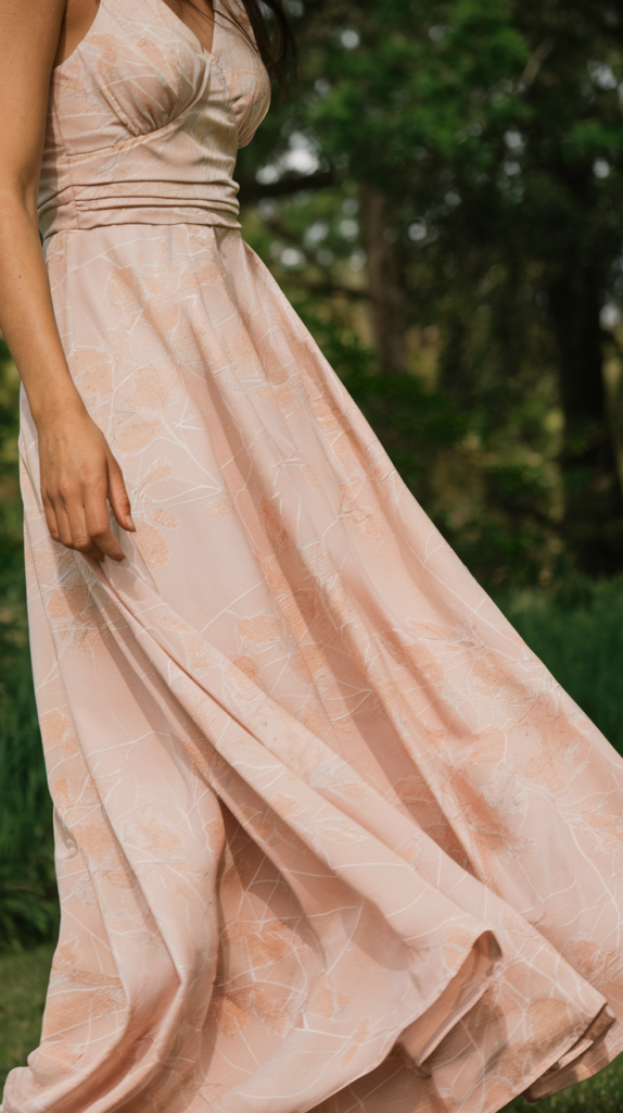 A maxi dress flows gracefully behind a woman as she walks along a beach promenade.