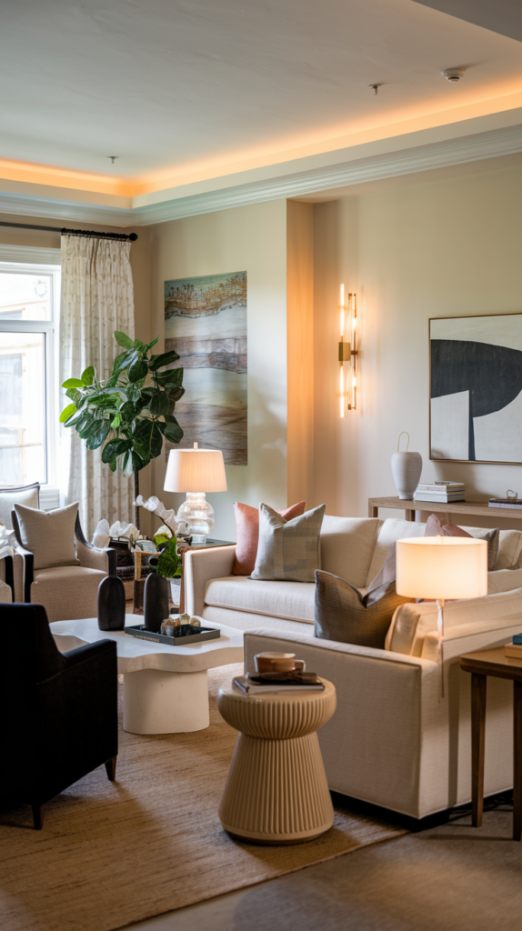 A living room illuminated with layered lighting, including overhead fixtures, sconces, and a cozy lamp in the corner.