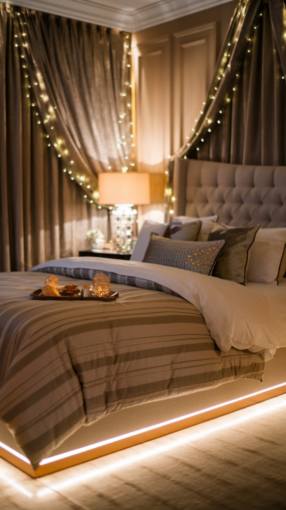 A bedroom illuminated by soft, golden lighting from warm LED strips, a chic table lamp, and fairy lights, creating a cozy and romantic atmosphere.