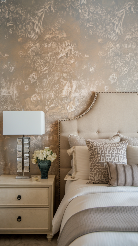 A chic, textured feature wall in a bedroom, adorned with neutral peel-and-stick paneling, adding a sophisticated and designer touch