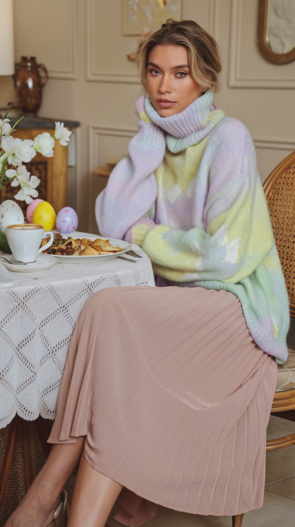 A cozy sweater paired with a midi skirt is worn by a woman enjoying a cool morning outdoors.