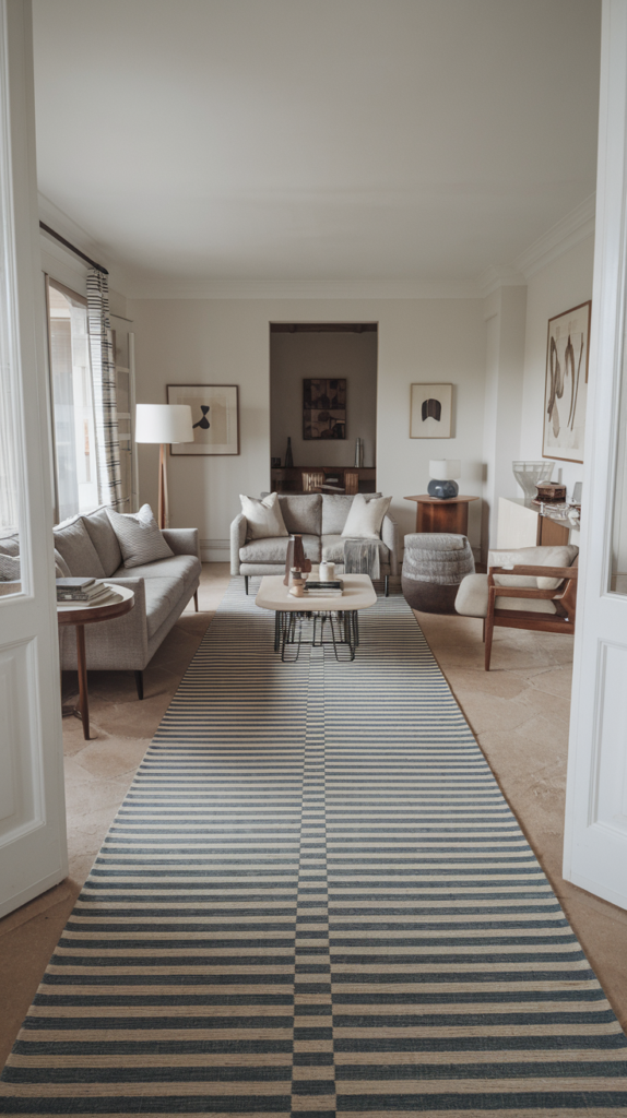 A living room anchored by a striped area rug, giving a stretched visual effect, making the space appear larger.