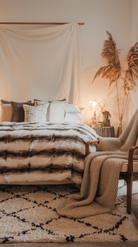 A bedroom with luxurious texture elements, featuring a faux fur throw, a plush area rug, and a cozy knit blanket for an upscale look.