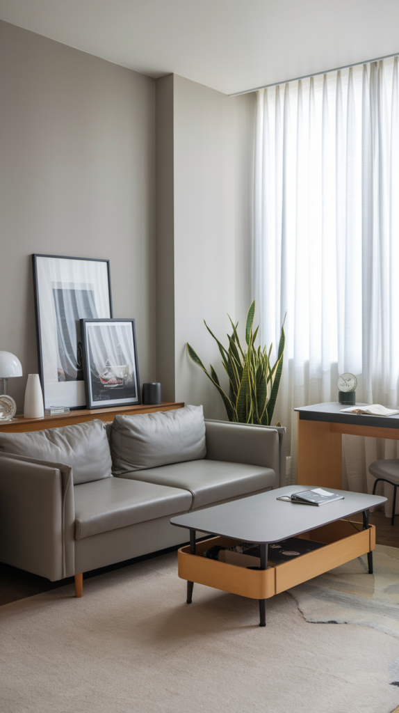 A minimalist living room with a strategically placed large mirror reflecting a bright seating area and window light