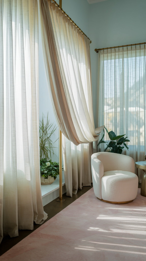 Living room with floor-to-ceiling sheer curtains, enhancing the room's height and natural light flow.
