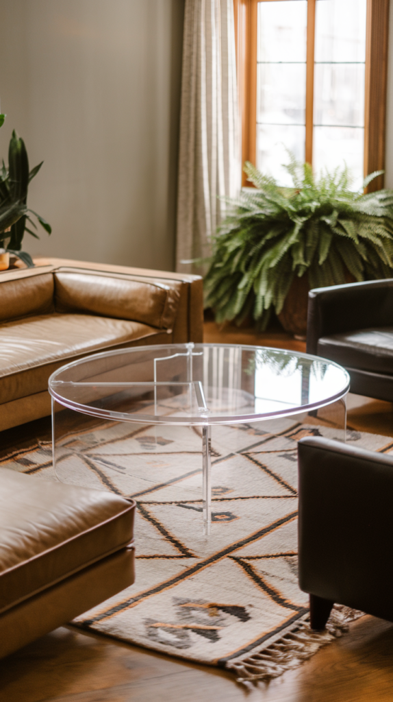 Living room with a transparent glass coffee table and open shelving, creating an airy and spacious feel.