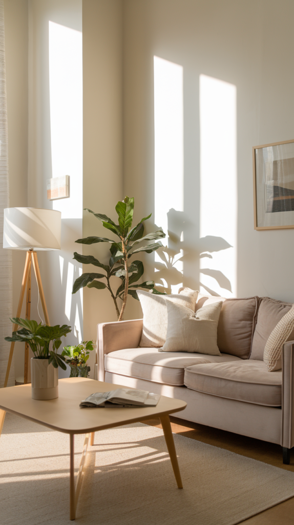 A small living room painted in soft beige and white, featuring light-toned furniture, and decorative elements reflecting natural sunlight.