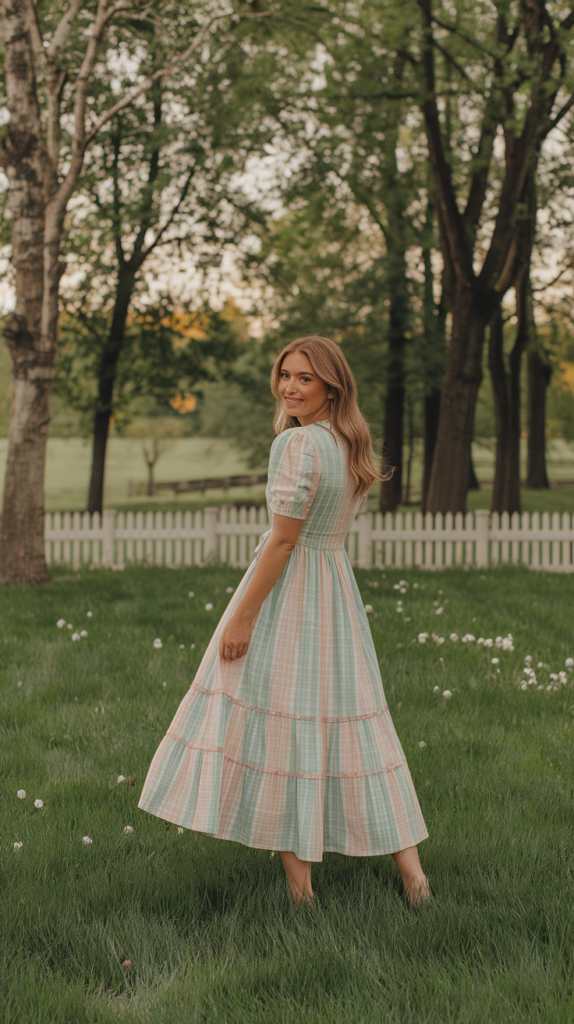 A woman in a gingham dress sits on a picnic blanket in a grassy park, ready for Easter fun.