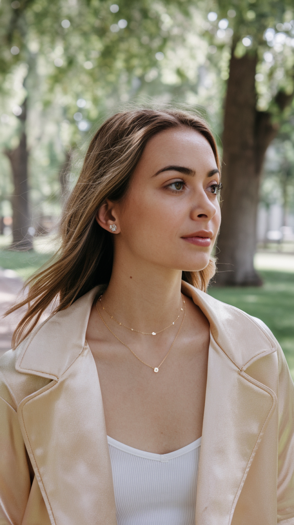 A casual yet stylish outfit complemented by subtle jewelry, illustrating the enhancement of a simple tee and jeans with minimalistic accessories.