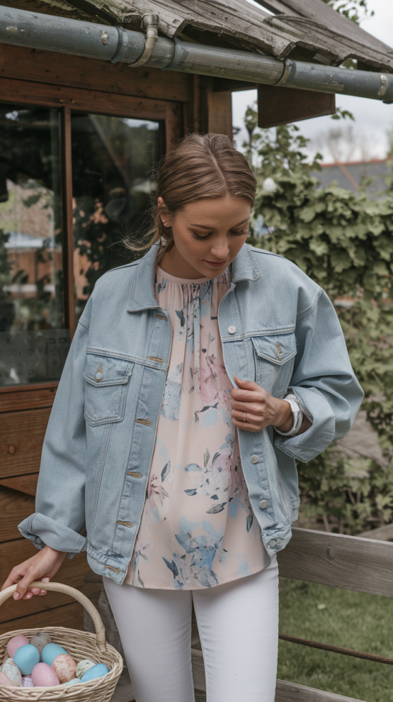 A casual look with jeans and a floral blouse for a relaxed Easter afternoon.