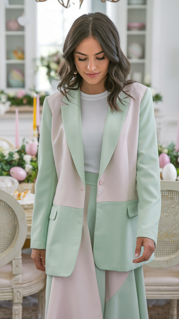 A woman exudes sophistication in a pastel blazer and matching wide-leg pants at a brunch.