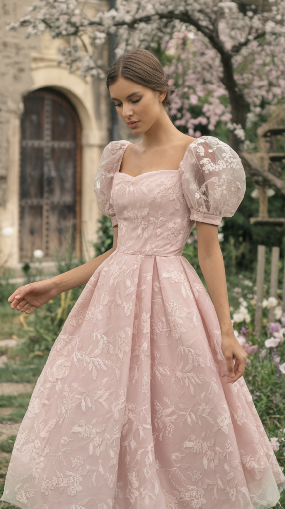 A vintage-inspired puff-sleeve dress frames a woman standing in a field of wildflowers.