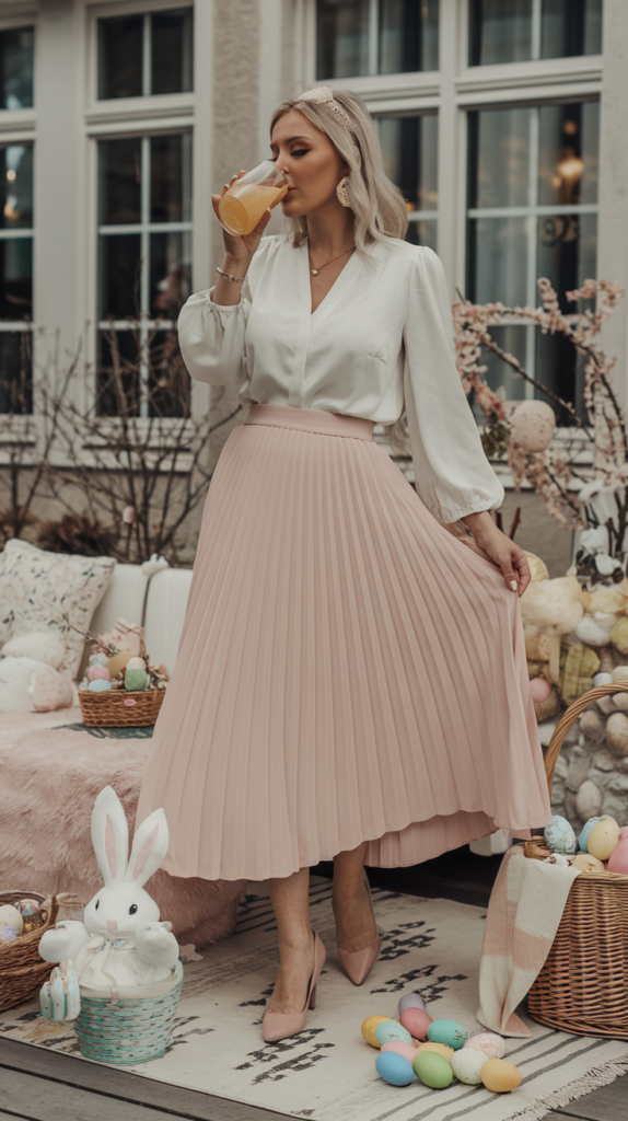 A woman casually sips a drink in a cozy setting, wearing a white blouse and pleated skirt.