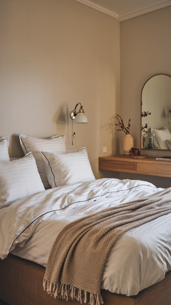 A luxury bedroom with a plush, cloud-like bed featuring crisp white sheets and a textured throw, exemplifying the comfort and elegance of high-end bedding on a budget.