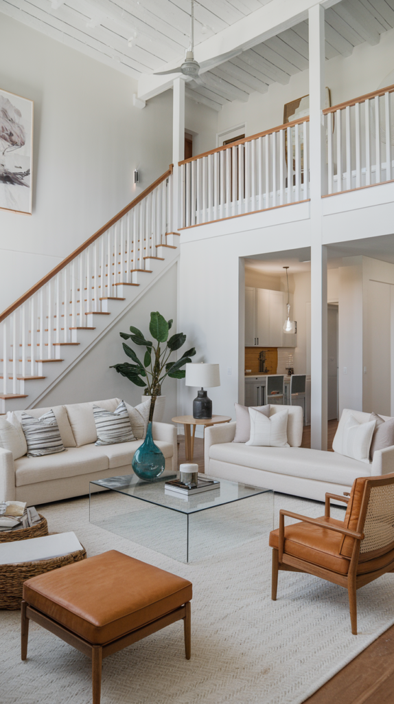 Visually open living space with raised-leg furniture and clear surfaces, allowing maximum floor visibility.