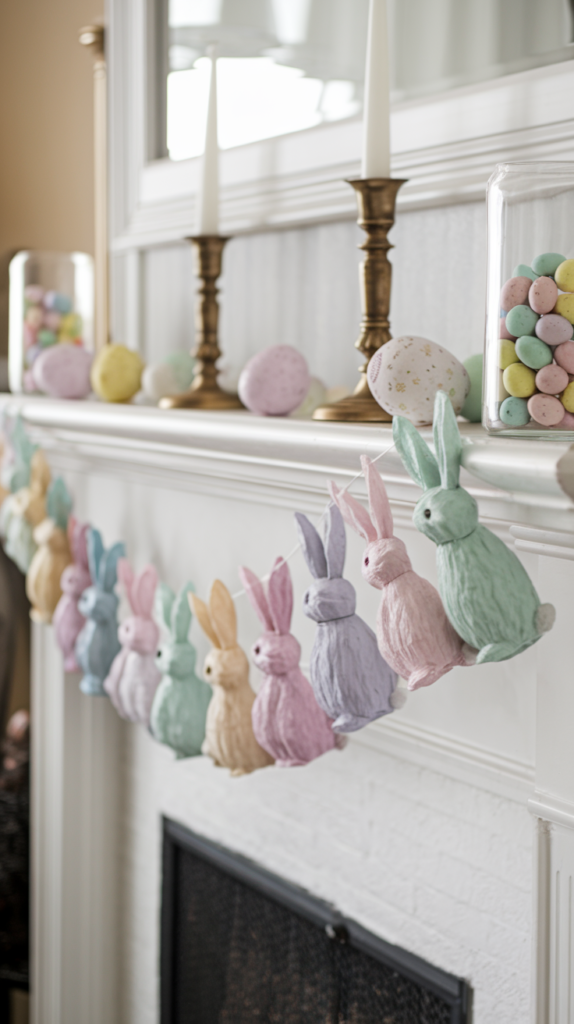 A playful string of pastel-colored bunny cutouts with cotton tails hanging across a white fireplace mantel, complemented by candle holders and a jar of mini chocolate eggs.
