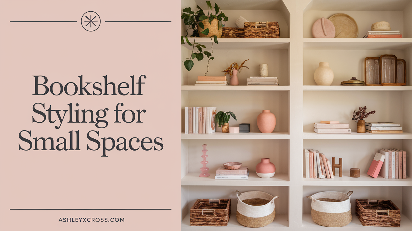 A warm and inviting cozy reading nook in a small living room featuring a plush accent chair with a soft knit throw blanket, a side table holding a steaming cup of tea, and neatly stacked books. Warm lighting from a table lamp and fairy lights adds ambiance, while a floating shelf above displays a mix of books and decorative touches like a potted plant and a framed quote. The space feels relaxing, stylish, and perfect for book lovers looking for a small-space reading retreat.