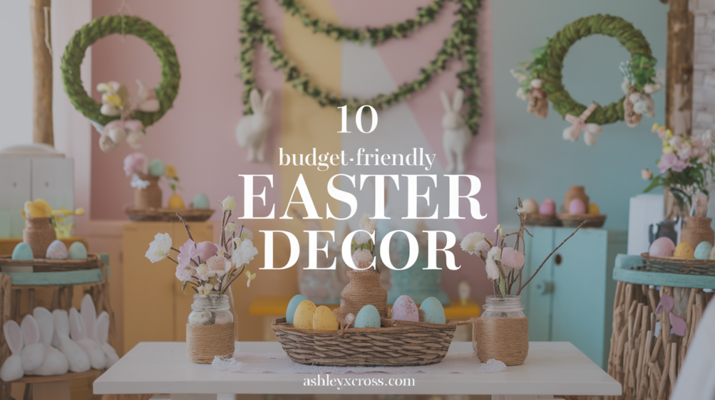 A colorful display of various DIY Easter decorations, including twine-wrapped eggs, bunny garlands, and mason jar centerpieces set against a sunny kitchen backdrop.