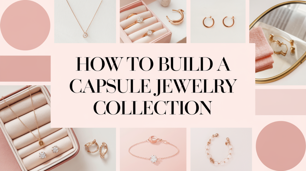 A neatly organized jewelry box open on a dresser displaying an assortment of classic and timeless jewelry pieces including hoops, stud earrings, and a delicate gold necklace.