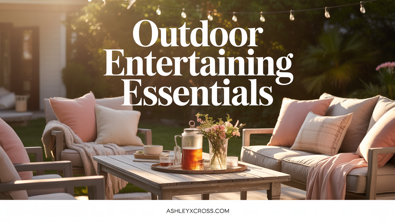 Feminine backyard entertaining scene featuring a soft-toned patio setup with a drink dispenser, cozy seating, string lights, and stylish decor. Perfect for showcasing outdoor entertaining essentials for spring and summer gatherings.