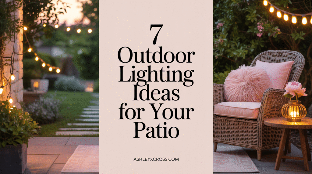 Feminine outdoor patio scene at golden hour featuring string lights, lanterns, and cozy seating. The image showcases stylish outdoor lighting ideas that create a warm and inviting backyard atmosphere perfect for evening entertaining.
